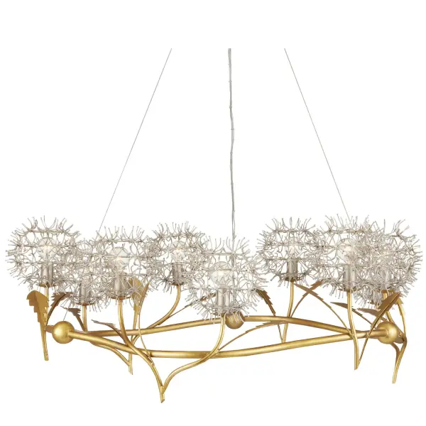 A show-stopping chandelier that transforms the delicate dandelion into bold metallic art. Hand-bent and welded nail clusters create intricate puff-ball forms, while mixed metal finishes add dimensional warmth and visual interest.