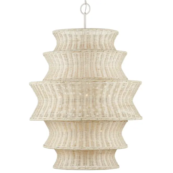 The Phebe brings coastal elegance with its five tiers of hand-woven bleached rattan. At 32" wide and 45" tall, it makes a dramatic statement while maintaining an airy, organic feel perfect for modern coastal and Scandinavian interiors.