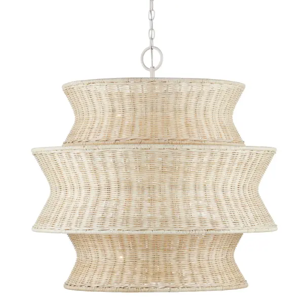 The Phebe chandelier brings organic texture and coastal elegance to any space with its three-tier bleached rattan design. Hand-woven by skilled artisans, this statement piece balances natural materials with refined vanilla hardware for a light, airy aesthetic.