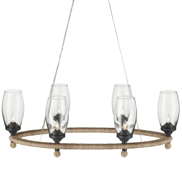 This nautical-inspired chandelier masterfully blends eco-friendly recycled glass with textured abaca rope and industrial wrought iron. The unique bell-shaped shades and natural rope wrapping create a relaxed yet refined coastal aesthetic perfect for casual dining spaces.