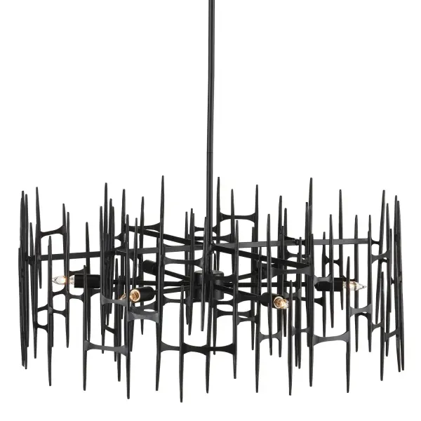 The Attingham chandelier makes a powerful statement with its brutalist-inspired spiky silhouette. The interlocking wrought iron shapes create dramatic shadows and visual intrigue, perfect for modern spaces seeking architectural impact.