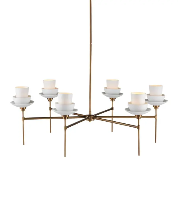 A striking mid-century modern chandelier featuring six graduated bone china cups that create a soft, luminous glow. The antique brass finish and telescoping stems add architectural interest while the uplight design provides ambient illumination.