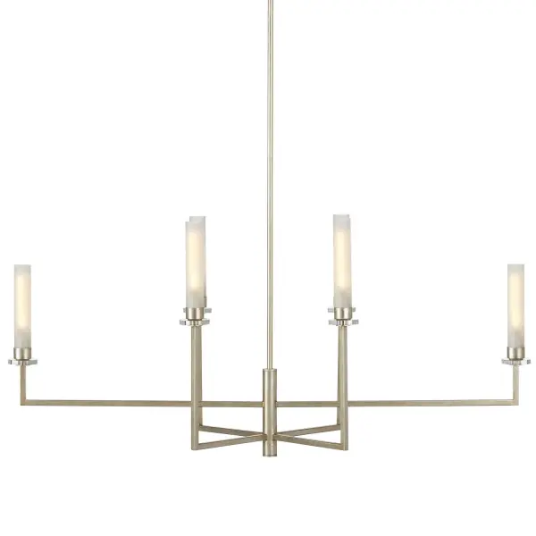 The Courante chandelier strikes a sophisticated balance between classic candelabra styling and contemporary minimalism. Its champagne finish and optic crystal accents add warmth and sparkle, while the linear profile suits modern dining spaces.