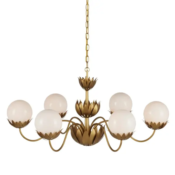 A stunning six-light chandelier that blends vintage American ice cream parlor aesthetics with modern sophistication. The milky glass globes and fluted leaf details create visual interest while the gold finish adds warmth and luxury.