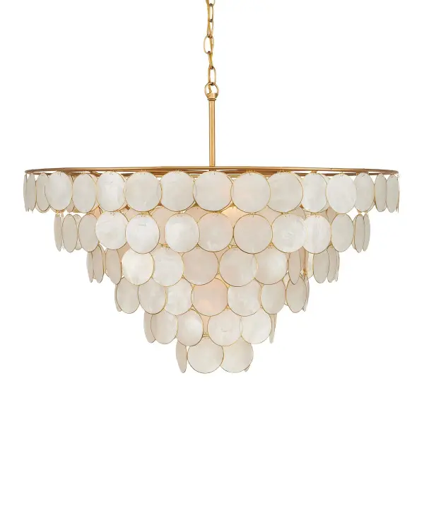 A stunning statement piece featuring luminous Capiz shell discs with gold-edged detailing. The delicate wire construction creates an airy, sophisticated aesthetic. Versatile convertible design works as semi-flush or chandelier.