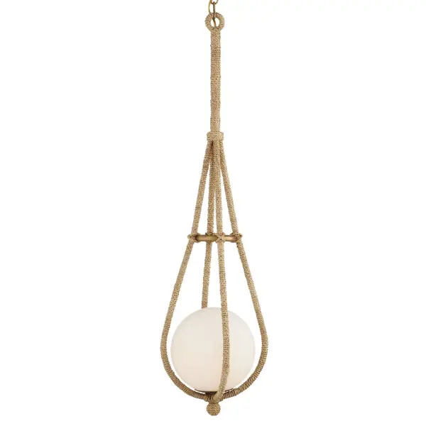 A charming coastal pendant featuring natural abaca rope wrapping and dorado gold accents. The frosted glass globe provides soft, diffused light while the removable arm design makes bulb changes effortless. Perfect for adding nautical character to compact spaces.