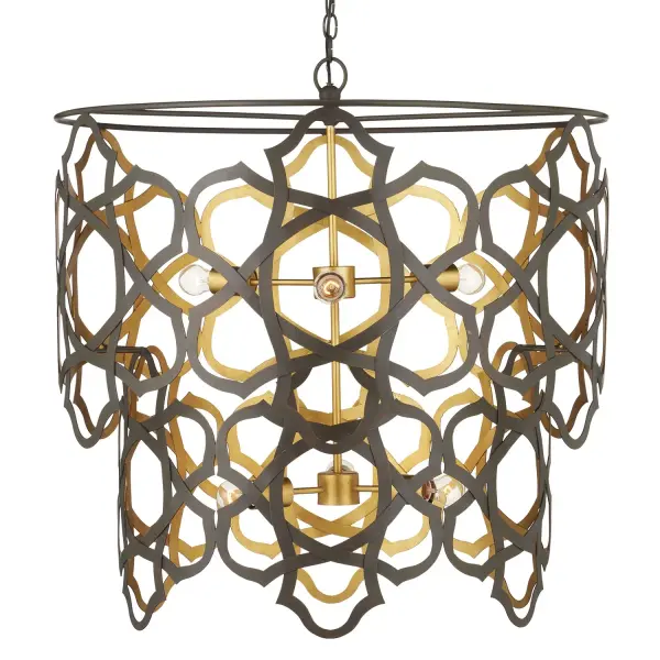A striking contemporary chandelier featuring laser-cut wrought iron panels in an organic floral pattern. The dual-finish design creates visual drama with bronze gold exterior and bright gold leaf interior that reflects light beautifully.