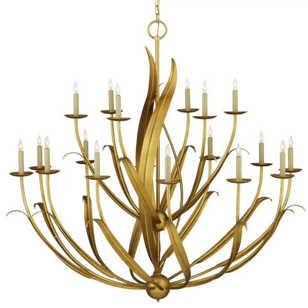 The Menefee chandelier brings organic elegance to expansive interiors with its swirling leaf motif and hand-applied antique gold finish. At nearly 50 inches wide, this 18-light fixture commands attention in high-ceiling spaces.