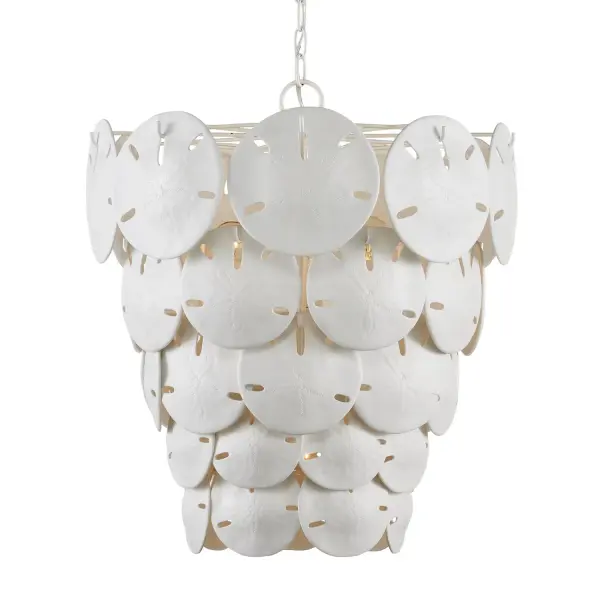 Designer Marjorie Skouras brings tropical elegance to this nature-inspired chandelier featuring semi-translucent bone china sand dollars that create gentle sounds in the breeze. The removable discs make cleaning easy while the sugar white finish complements coastal and organic modern interiors.