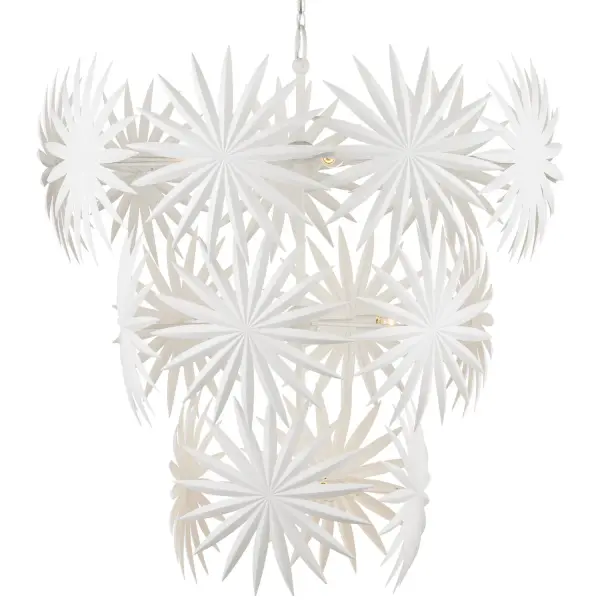 A striking large-scale chandelier inspired by the noble Bismarkia palm, featuring sculptural spiky fronds in crisp gesso white. Designed by Marjorie Skouras, this 13-light fixture brings organic texture and coastal elegance to grand spaces.