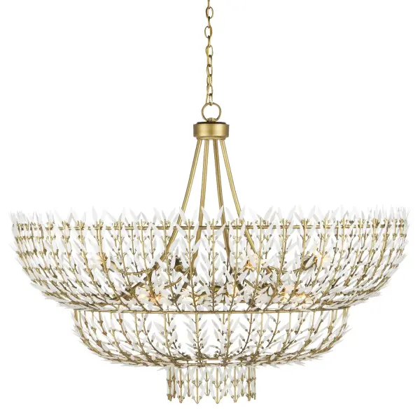 A grandly scaled three-tier chandelier featuring cascading white glass leaves on brass stems. The 54-inch diameter and dramatic vertical presence make it ideal for high-ceiling spaces requiring a bold focal point.