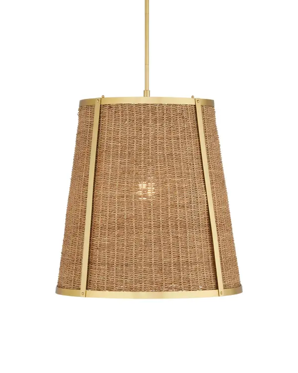 Designer Suzanne Duin's Deauville pendant brings authentic French coastal charm through handwoven natural seagrass and polished brass accents. The 22-inch drum shade creates warm, diffused light perfect for intimate dining spaces.
