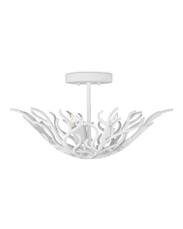 The Snowfall Semi-Flush Mount transforms wrought iron into an elegant winter scene, with graceful branches that mimic snow-laden limbs. Its compact 21.5-inch width and soft white finish make it ideal for intimate spaces.
