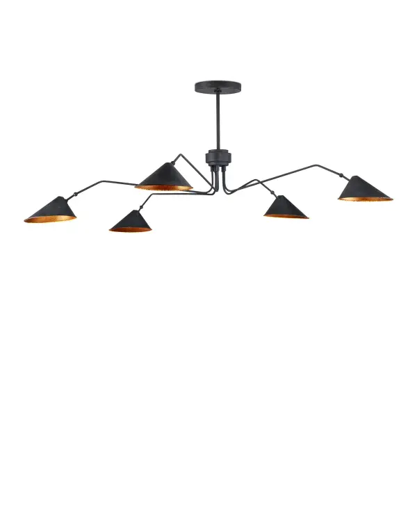 The Serpa chandelier commands attention with its impressive 81-inch span and distinctive French black finish. Gold leaf interiors warm the light while slender wrought iron arms create an airy, sculptural presence perfect for large spaces.