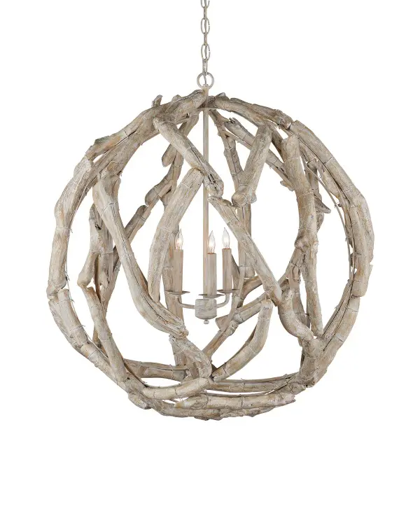 This handcrafted chandelier brings authentic coastal charm with hand-selected driftwood pieces arranged in an orb silhouette. The whitewashed finish creates a soft, beachy aesthetic perfect for lakeside or seaside homes.