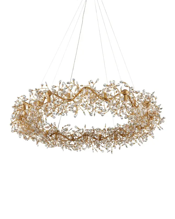 A show-stopping 57.5-inch chandelier featuring 24 lights and delicate faceted crystals arranged on flowing brass vines. The alternating up-and-down light configuration maximizes sparkle and creates dramatic ambiance in grand spaces.