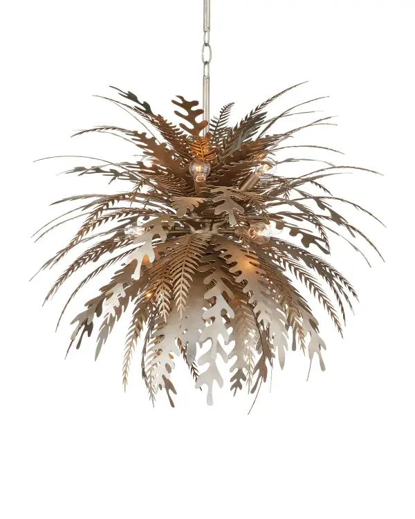 A show-stopping statement piece featuring laser-cut wrought iron leaves in dual silver finishes. The labor-intensive construction creates an explosive botanical form that commands attention in grand spaces.