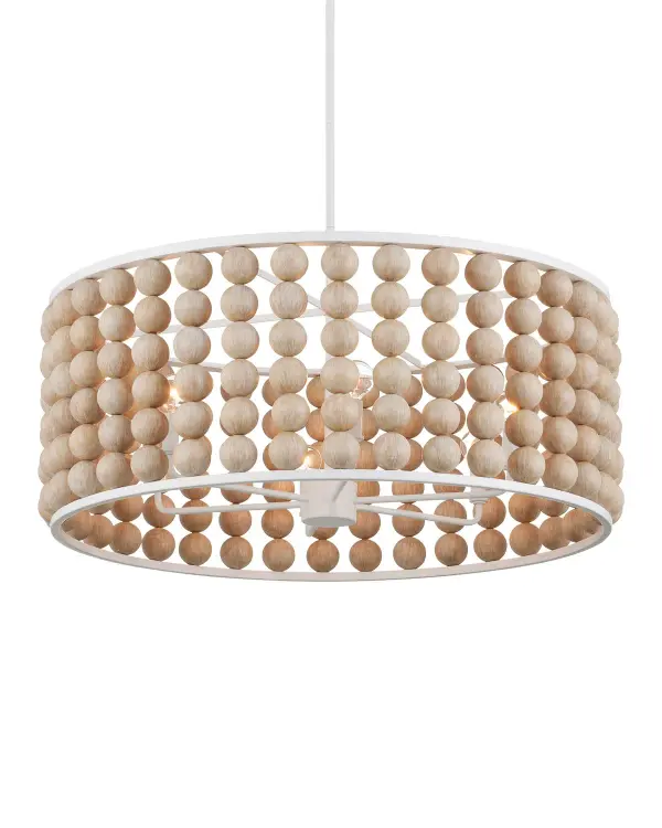 The Holcroft chandelier makes a bold statement with oversized wooden beads in a sandstone finish suspended from a Sugar White wrought iron frame. Its light, airy appearance and bohemian aesthetic bring warmth and texture to any space.