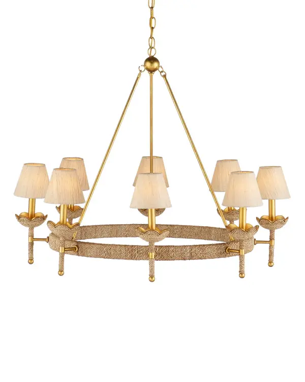 This handcrafted chandelier blends Parisian elegance with coastal texture through its woven abaca rope construction and contemporary gold accents. The eight-light design provides ample illumination while the natural materials add warmth and organic appeal to any space.