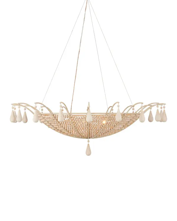 This designer chandelier brings earthy glamour through its unique wood bead construction inspired by Swedish basket weaving. The 42-inch width makes a statement while maintaining organic warmth perfect for coastal and tropical interiors.