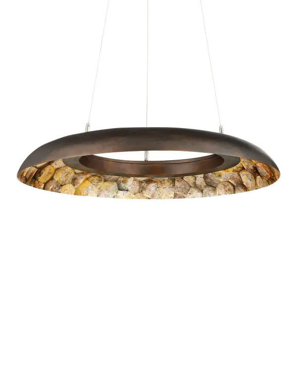 A sophisticated statement piece featuring laminated natural shells that gleam beautifully when illuminated by integrated LED lighting. The bronze gold wrought iron frame provides elegant contrast to the organic shell material, creating a perfect blend of natural and refined aesthetics.