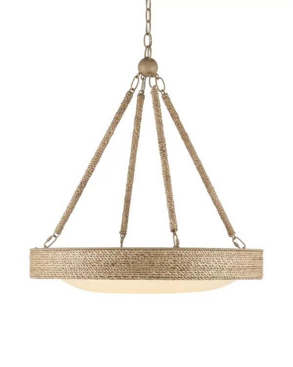 The Hopscotch Chandelier showcases exceptional craftsmanship with its hand-wrapped abaca rope construction and frosted glass diffuser. The integrated LED provides warm, energy-efficient illumination while the natural materials add organic texture.