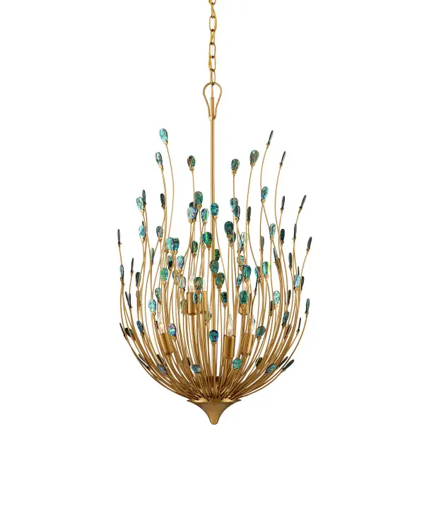 A stunning handcrafted piece that brings organic elegance and vibrant color to intimate spaces. The hand-bent wrought iron rods and individually placed iridescent shells create a sculptural focal point with peacock-inspired beauty.