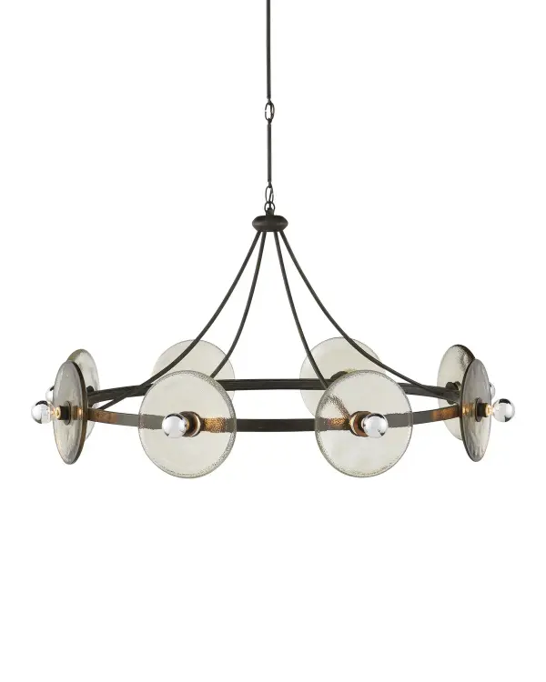 A striking statement piece featuring eight cast glass discs with textured surfaces on a black iron frame. The recycled glass and wrought iron construction creates an eco-conscious design with industrial appeal.