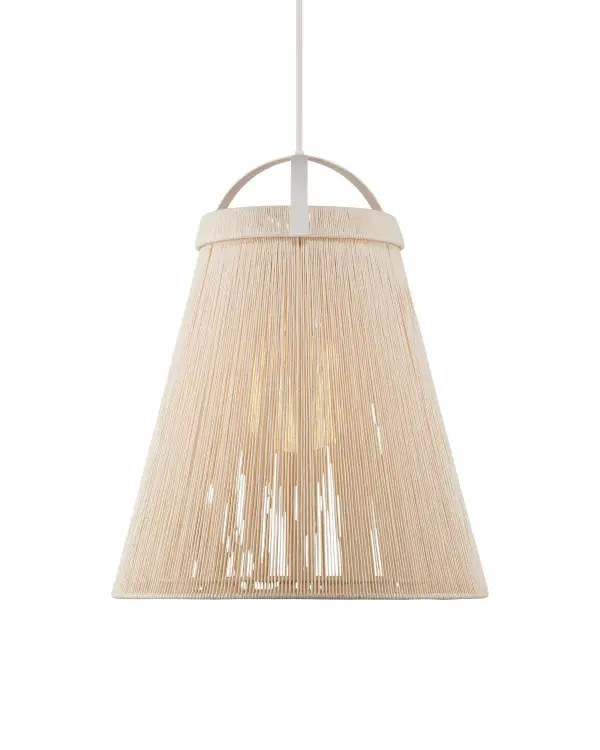 The Parnell pendant combines organic texture with refined simplicity. Hand-wrapped Kraft paper twine creates a bell-shaped shade with visual warmth, while the frosted glass globe diffuses light beautifully. The Gesso White finish adds coastal sophistication.