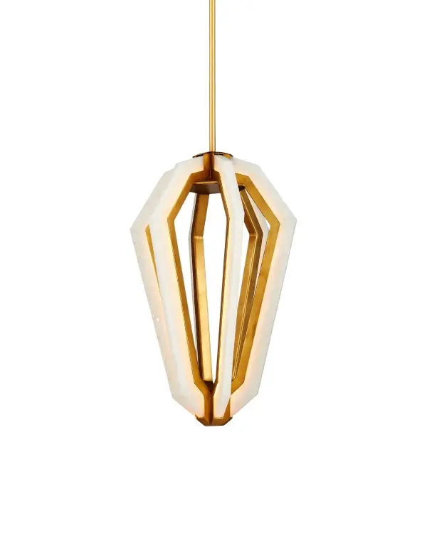 The Riviere Pendant transforms integrated LED lighting into jewelry for your space. Its regal diamond silhouette features wrought iron ribs in contemporary gold leaf fitted with composite strips that glow when illuminated, creating dimensional visual interest.
