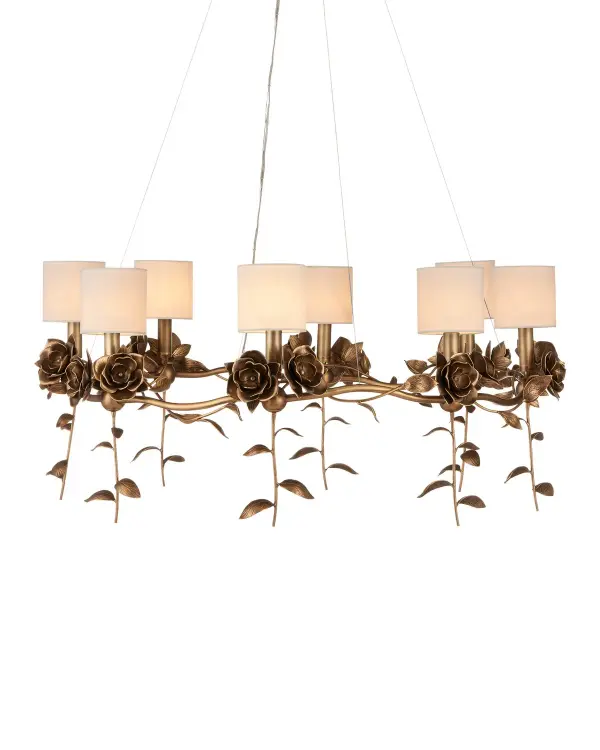 A sophisticated chandelier featuring handcrafted brass roses and floating leaves in warm antique brass. The botanical design pairs beautifully with off-white shades, creating romantic ambiance perfect for traditional and transitional spaces.