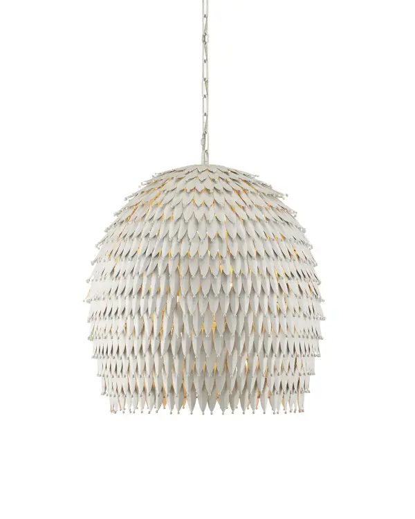 A stunning artisanal pendant featuring individually hand-cut and welded metal leaves with intricate dot detailing. The elongated dome shape and fluted edges create dramatic textural richness reminiscent of haute couture.