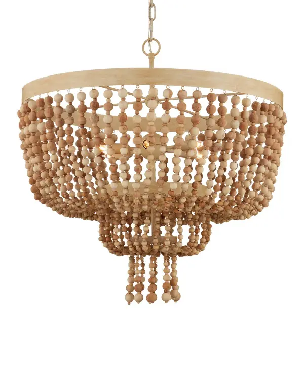 The Sabia Chandelier brings organic warmth and textural interest through cascading natural wood beads that graduate in size. The Coco Cream metal frame complements the earthy tones, creating a sophisticated bohemian statement piece.