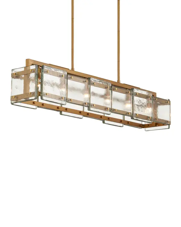 A striking statement piece featuring thick cast glass panes with mottled textural surfaces set in an antique brass frame. The unique glass creates beautiful light diffusion while the removable panels offer maintenance flexibility.