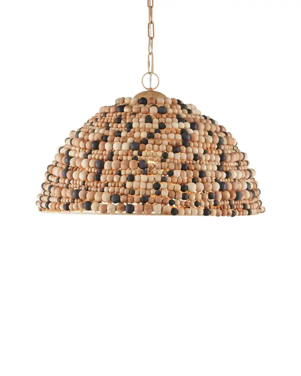 The Medley Pendant brings natural warmth through its handcrafted wood bead construction in mixed natural tones. The dome shape and varied bead sizes create visual interest from every angle, making it a statement piece for casual dining spaces.