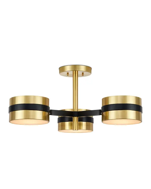 A striking tribute to mid-century design featuring three circular LED modules in polished brass and black. The integrated LED technology with white acrylic diffusers provides efficient, warm illumination perfect for modern interiors.