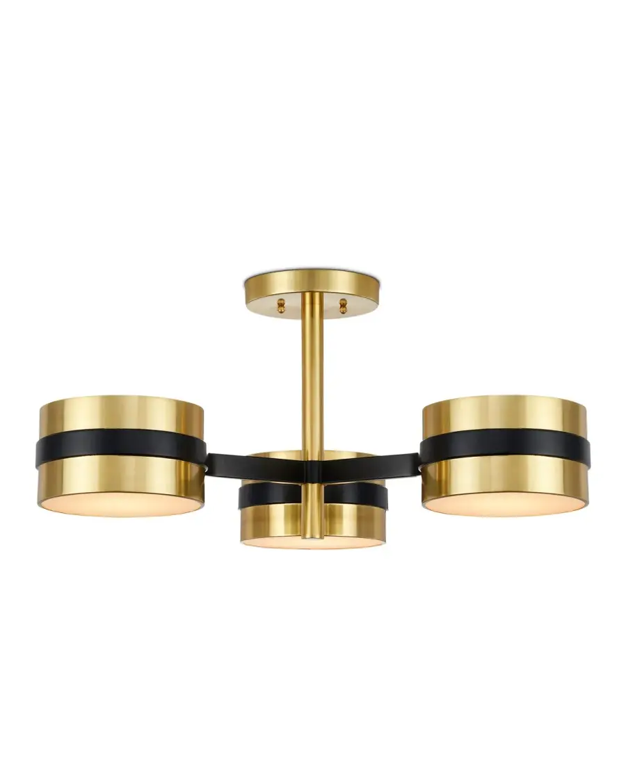 Heybrook Three Light Semi-Flush Mount in Polished Brass/Black/White