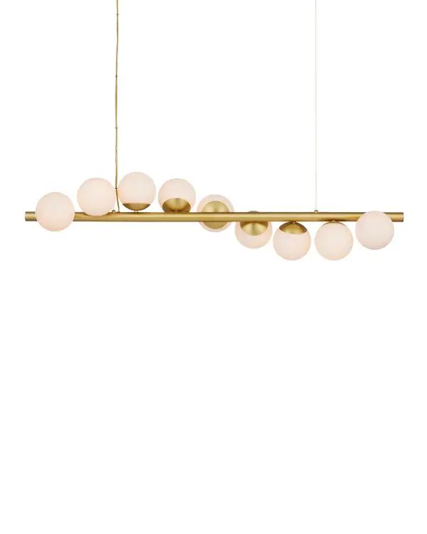 The Barcarolle brings artistic movement to linear lighting with nine white globes arranged like pearls along a brushed brass bar. Its sculptural design and warm metallic finish make it a standout piece for modern and transitional spaces.