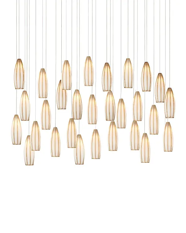 The Parish pendant transforms any space with its 30 teardrop glass shades that create a mesmerizing champagne bubble effect. The white glass poured into antique brass cages produces micro-pinholes of light for magical ambiance.
