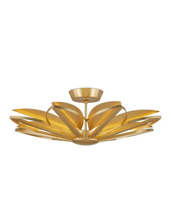 The Stewart Semi-Flush transforms ceiling lighting into sculptural art with arcing metal bands that echo botanical forms. Its gold leaf finish creates a warm, reflective glow while the integrated LED provides efficient illumination.