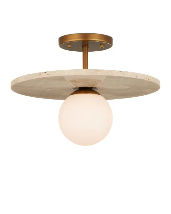 A sophisticated semi-flush mount that pairs a luminous frosted glass orb with a travertine disc and antique brass hardware. The natural stone adds organic warmth while the glowing globe provides soft, diffused light ideal for intimate spaces.