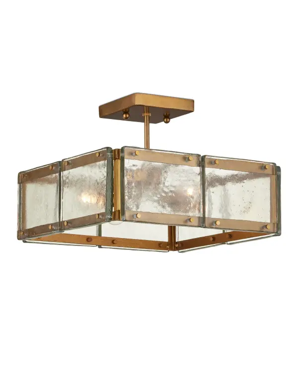 Countervail Square Semi-Flush Mount in Clear Glass and Antique Brass