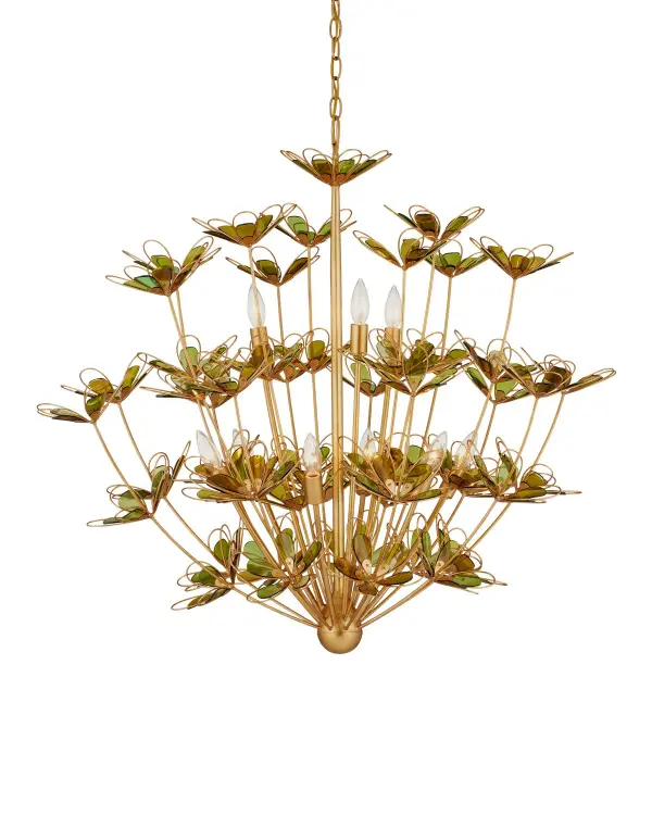 A stunning 39-inch chandelier featuring hand-crafted recycled glass petals in green, surrounded by contemporary gold leaf wirework. The nine-light design creates dramatic impact while the organic floral motifs add artistic sophistication.