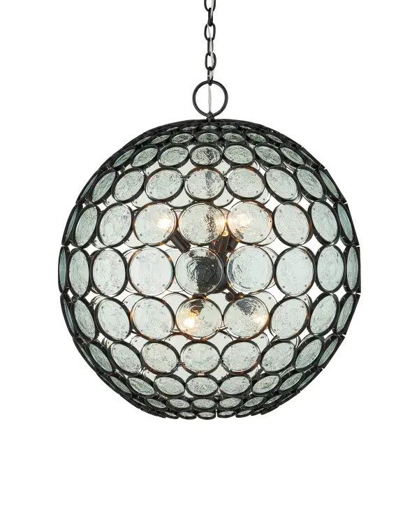 The Etude chandelier transforms recycled glass into floating art. Graduated glass discs suspended on fine wire create an ethereal sphere within a satin black frame. The contrast between delicate transparency and bold structure makes this a stunning focal point.