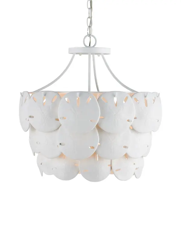 A delicate, nature-inspired chandelier featuring removable bone china sand dollars that create gentle ambient sounds. The sugar white finish and translucent discs evoke beachside serenity, perfect for coastal or organic modern interiors.