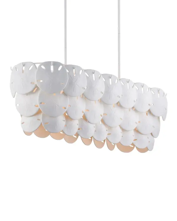 Designer Marjorie Skouras brings Yucatan beauty indoors with this nature-inspired chandelier featuring semi-translucent bone china sand dollars. The delicate discs create gentle sound in breezes and are removable for easy cleaning. Perfect for coastal homes.