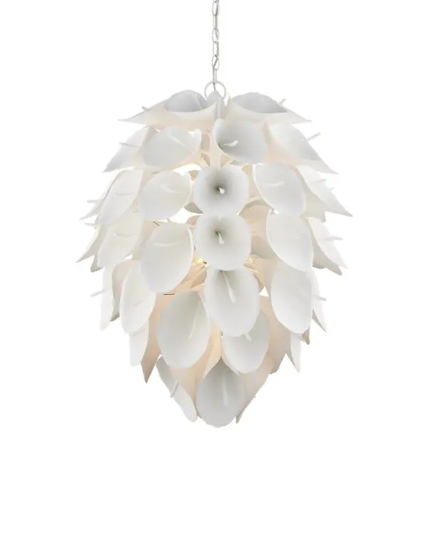 A stunning teardrop-shaped chandelier featuring nine lights arranged in a graceful, nature-inspired silhouette. The wrought iron construction with gesso white finish creates an elegant organic form perfect for coastal and contemporary interiors.