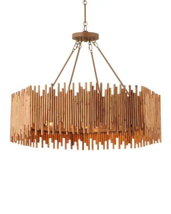 The Teahouse Chandelier brings organic warmth through its staggered rattan rib construction and khaki metal hardware. With 8 lights and adjustable drop from 24-79 inches, it offers excellent versatility for various ceiling heights and spaces.