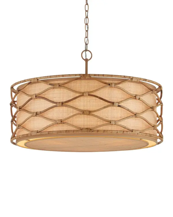 The Partita Pendant showcases exceptional artisanal craftsmanship with hand-steamed and bent rattan creating an elegant, continuous pattern around a grasscloth shade. The natural materials create warm, diffused light perfect for intimate dining spaces.