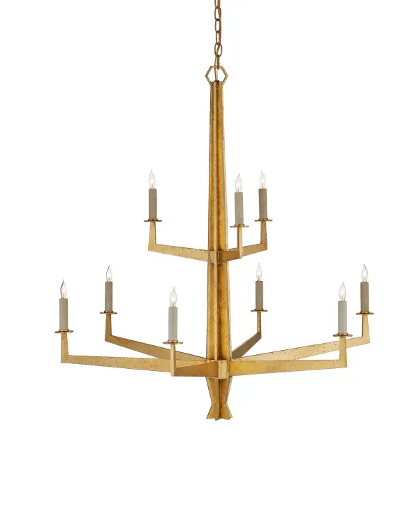 A striking architectural chandelier featuring hand-forged wrought iron arms arranged in a complex geometric pattern. The textured washed Lucerne gold finish adds warmth and visual interest to this substantial 36-inch fixture.